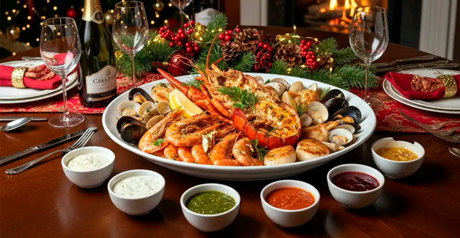 Mariscada de Navidad con salsas caseras en mesa festiva