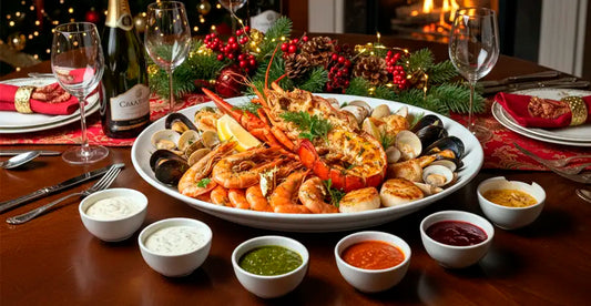 Mariscada de Navidad con salsas caseras en mesa festiva