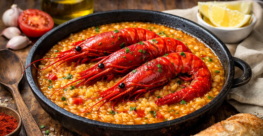Arroz meloso con carabineros servido en sartén, con tres carabineros enteros sobre arroz cremoso y caldo de marisco.