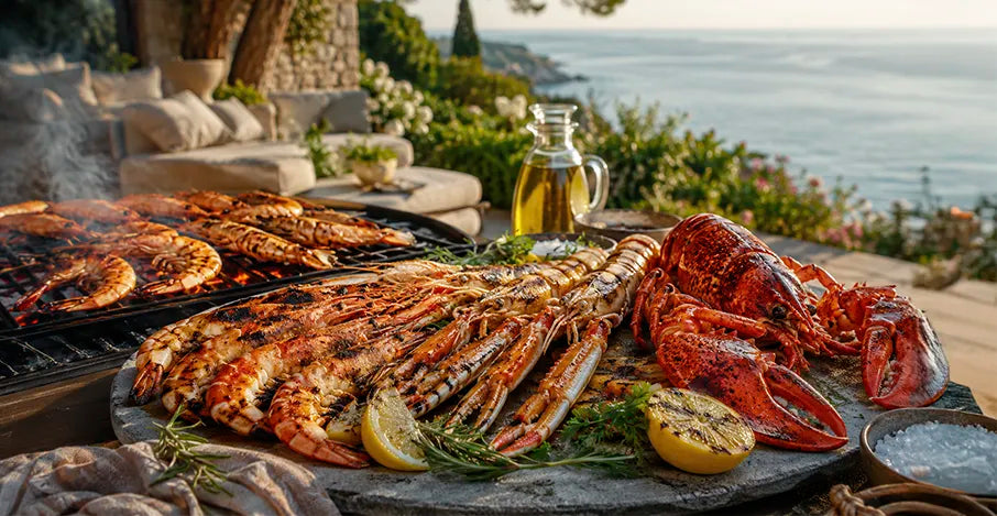 Festín de mariscos cocinados a la barbacoa frente al mar y al atardecer