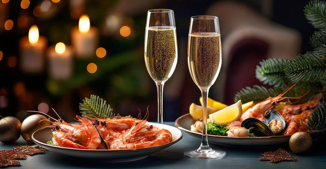 Mariscada para Navidad con gambas y langostinos junto a copas de cava, marisco fresco a domicilio de Olémarisco