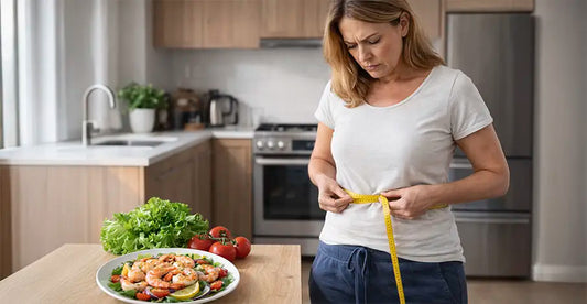Mujer midiendo su cintura con una cinta métrica frente a una mesa con lechuga, tomates y un plato de marisco, como símbolo de dieta para bajar peso.