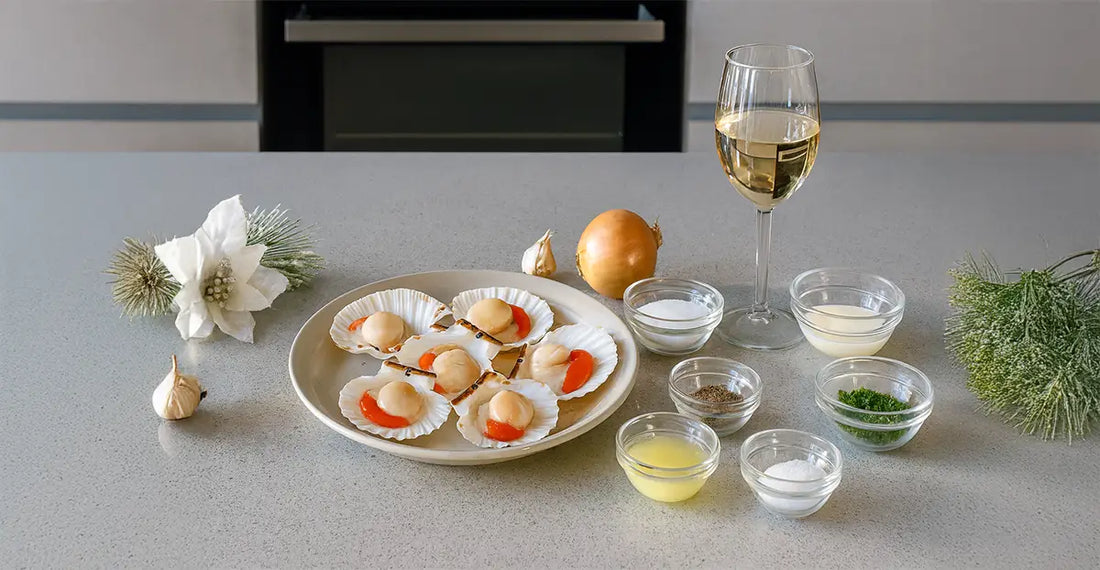 Vieiras gratinadas al horno para Navidad con marisco fresco de Huelva